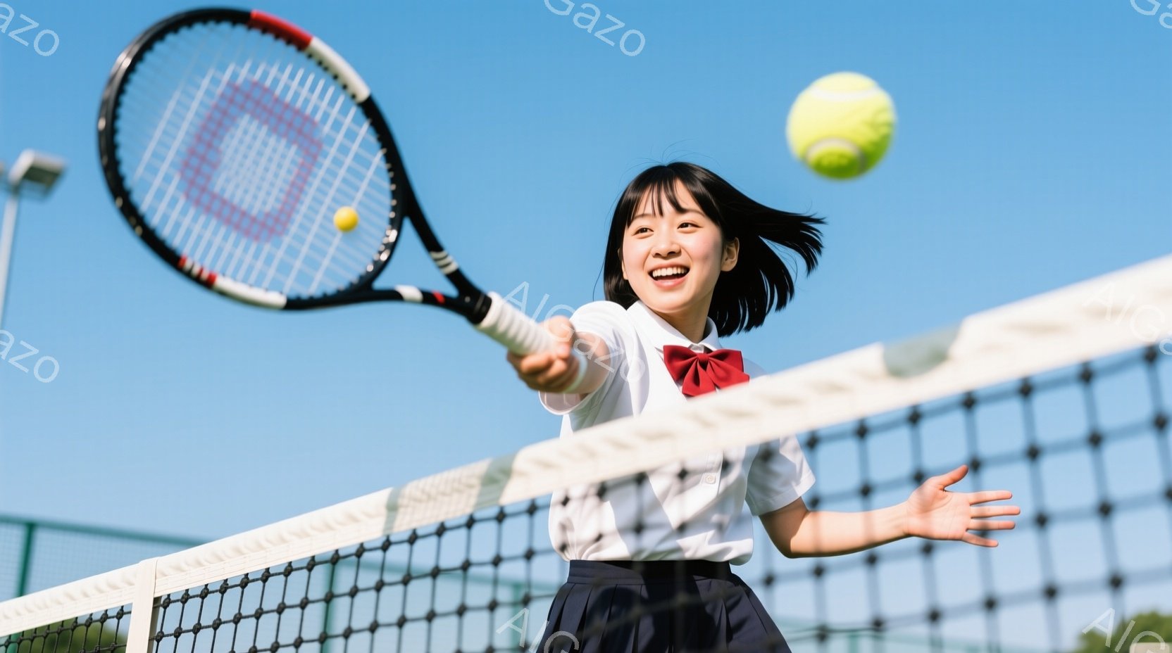 テニスをしている若い女性が写っています。彼女は白いシャツと紺色のスカート、赤いリボンを着用し、髪を後ろでポニーテールにまとめています。空は晴れていて、彼女はテニスラケットを振りかぶり、ボールを打とうと - AI生成フリー素材