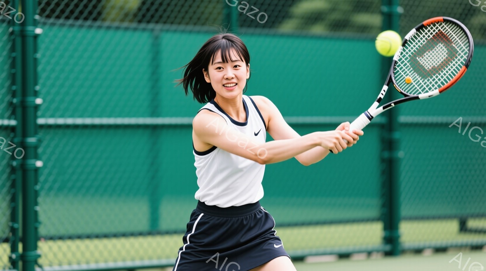 画像はテニスをする若い女性が写っており、白いタンクトップと黒のスカートを着用しています。彼女は髪を後ろでまとめ、右手にテニスラケットを持ってスイングしており、顔には笑顔が浮かんでいます。背景には緑のフ - AI生成フリー素材