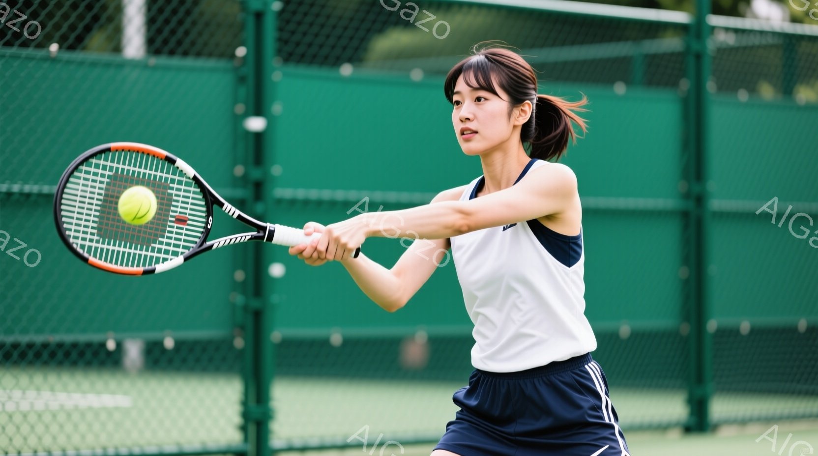 テニスをする若い女性が写っています。白いタンクトップと紺色のスカートを着用し、髪を後ろで一つにまとめています。彼女はテニスラケットを振りかぶり、空中でボールを打ち返す瞬間を捉えており、集中した表情をしています。