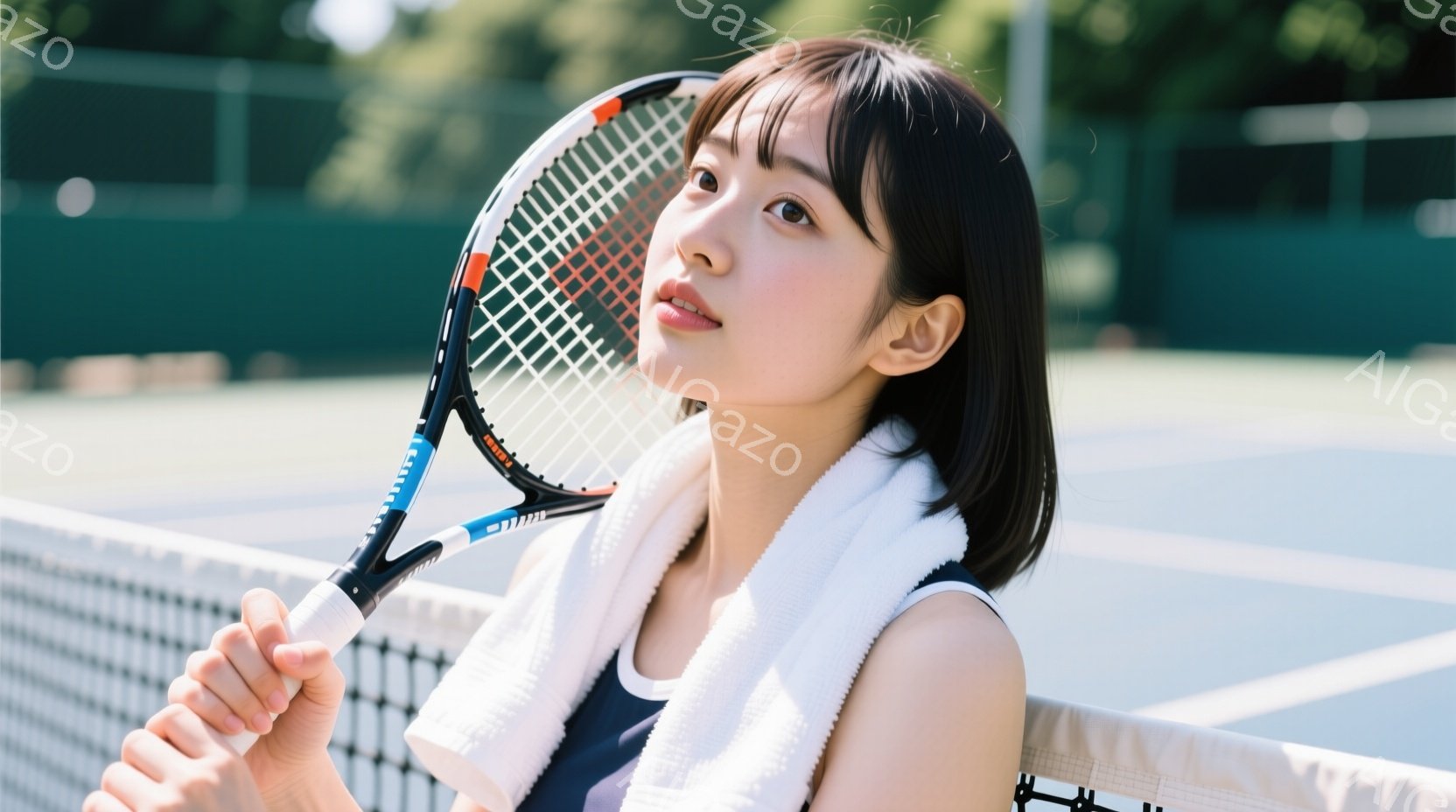 テニスラケットを片手に持ち、タオルを首にかけた若い女性が写っています。彼女は黒髪のボブスタイルで、青いタンクトップを着ており、少し上目線で優雅な表情をしています。背景はテニスコートで、晴天の下、明るく爽やかな雰囲気が漂っています。