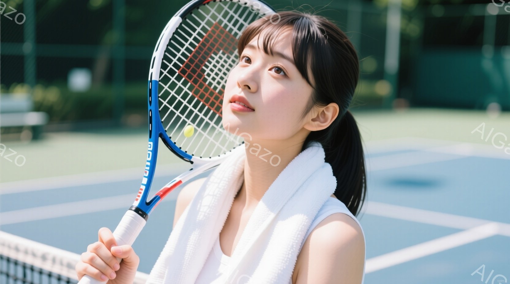 テニスプレイヤーの女性が写っており、白いタンクトップに、首に白いタオルを巻いています。彼女は黒髪をポニーテールにし、少し上目線で何かを見つめています。背景はテニスコートで、コートのラインとネットがはっきりと見え、晴れた日の屋外での撮影であることがわかります。