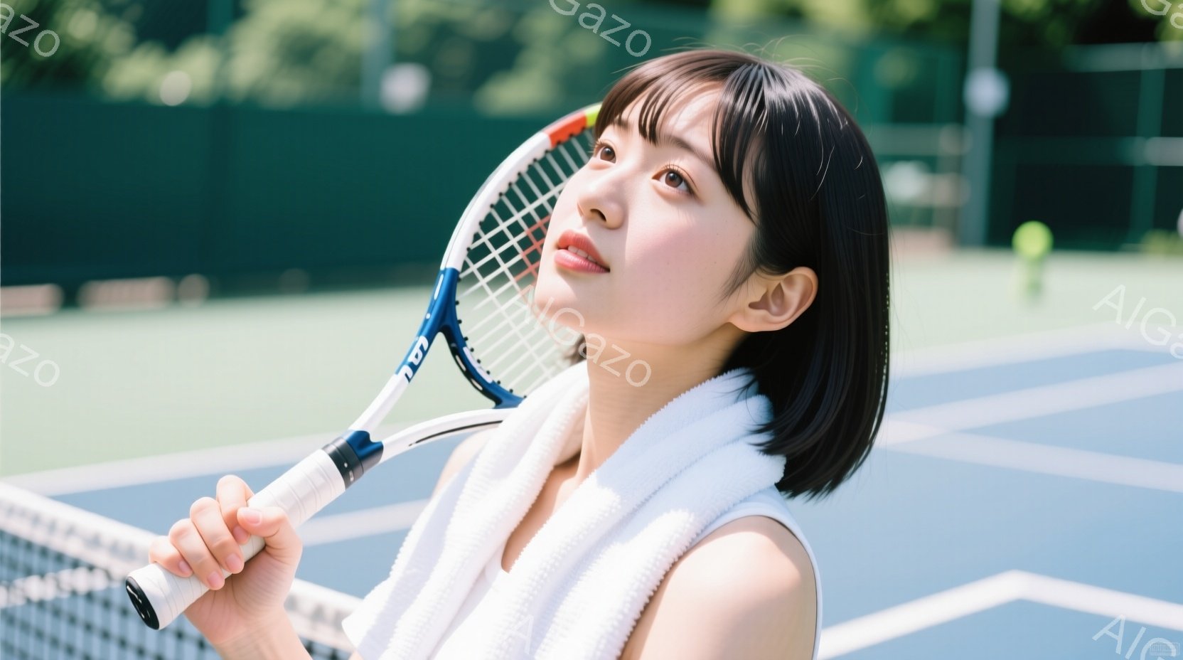 黒髪ボブカットの女性がテニスラケットを持ち、コートを見上げています。白いタオルを首にかけ、やや微笑んだ表情で、爽やかな印象を与えます。背景は青いテニスコートで、緑の背景と晴れた空が広がり、明るく活気のある雰囲気です。