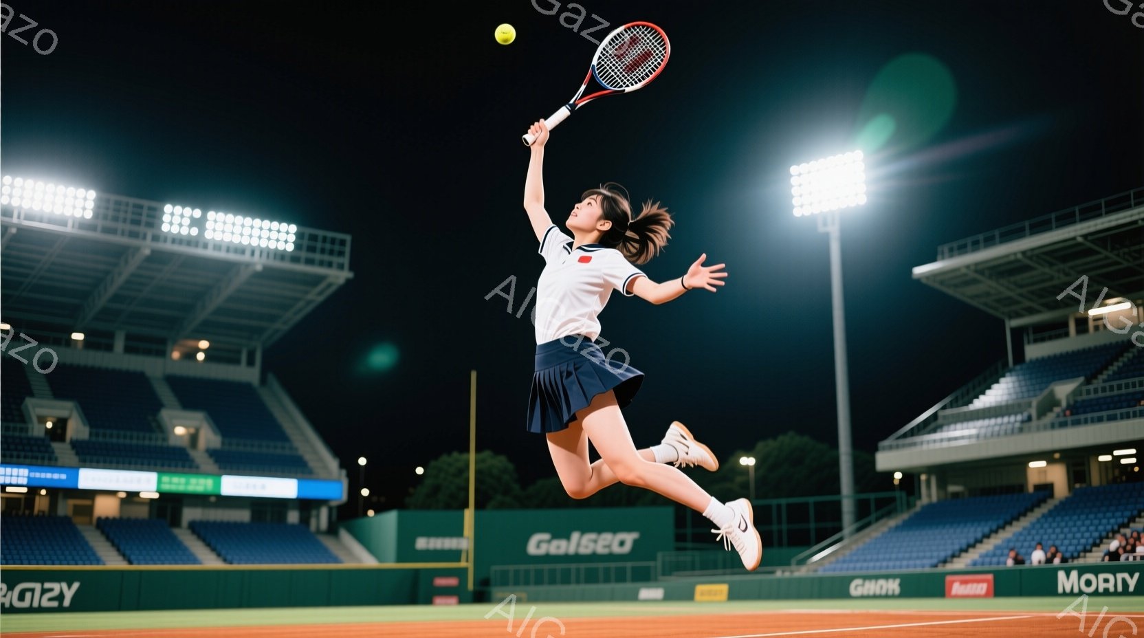 競技場のコート上で、若い女性テニス選手がジャンプしてオーバーヘッドスマッシュを打ち込んでいる様子が写っている。彼女は白の半袖シャツと紺色のプリーツスカート、テニスシューズを着用し、髪はポニーテールに結んでいる。背景には観客席と照明が広がり、夜間の競技場の雰囲気を感じさせる。