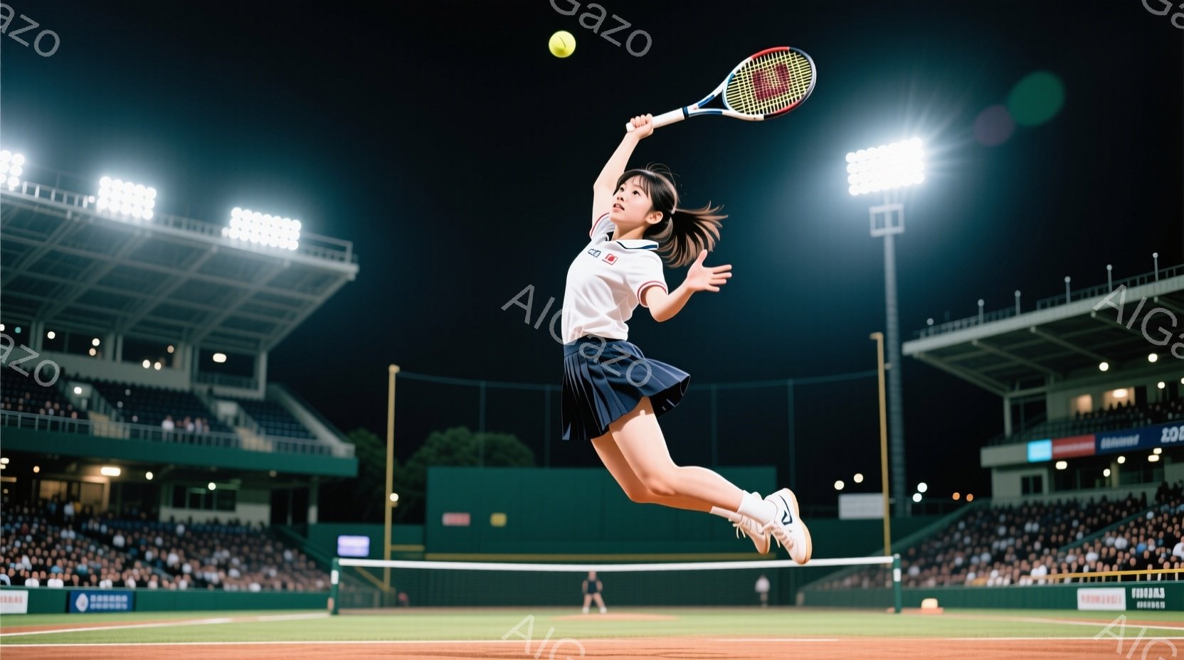 テニスをする若い女性が写っている。彼女は白のポロシャツに紺色のスカート、白のテニスシューズを着用し、髪はポニーテールに結ばれている。彼女はジャンプしてラケットでボールを打ち、躍動感あふれるポーズをとっ - AI生成フリー素材