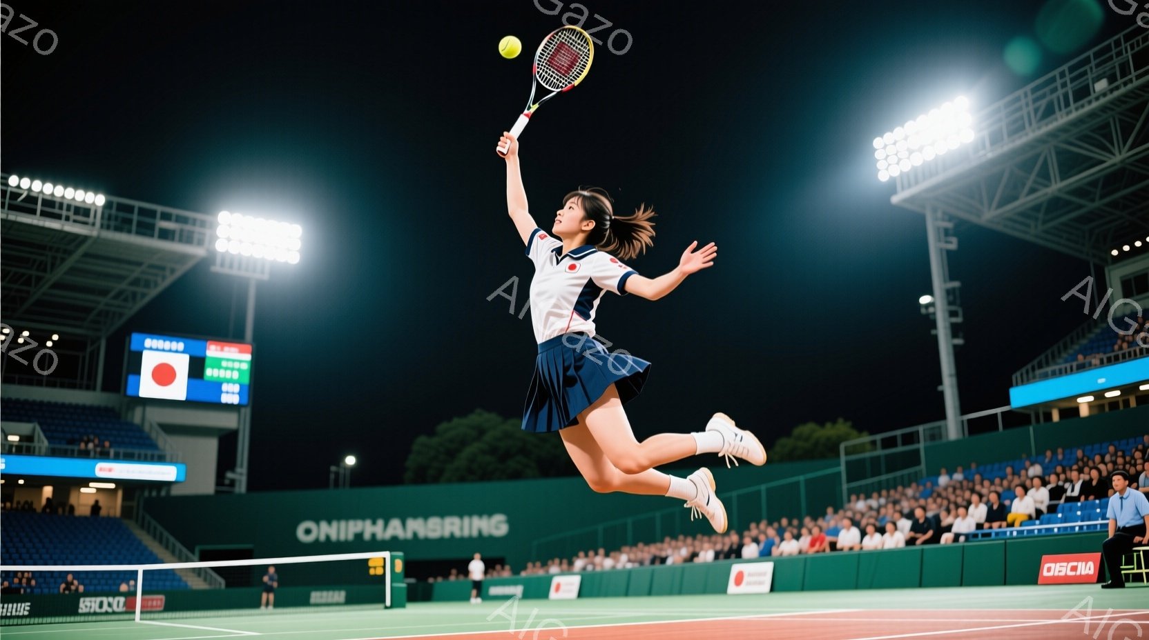 コート上でテニスをする女性選手が写っている。彼女は白い半袖シャツと紺色のスカートを着用し、髪はポニーテールにしている。ジャンプしてラケットでボールを打ち、躍動感のある姿勢と力強い表情が印象的だ。 - AI生成フリー素材