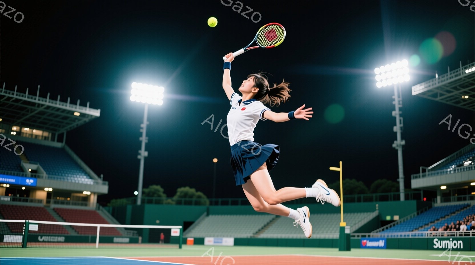 テニスプレーヤーが空中高くジャンプし、ラケットでボールをスマッシュしようとしている瞬間を捉えた写真です。白いテニスウェアに青いスカート、ポニーテールで、集中した表情でプレーに臨んでいます。背景には観客席と照明が並び、夜間のテニスコートの雰囲気を醸し出しています。