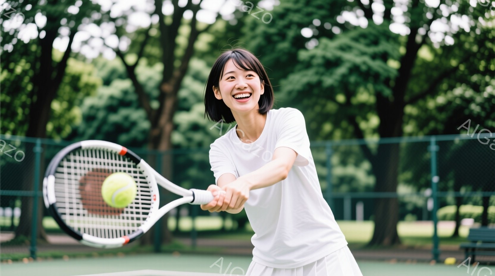 若い女性がテニスラケットを構え、フォアハンドでボールを打とうとしている瞬間を捉えた写真です。白いTシャツと短いスカートを着用し、笑顔を見せており、黒髪を肩にかかる長さに整えています。背景には緑豊かな木 - AI生成フリー素材