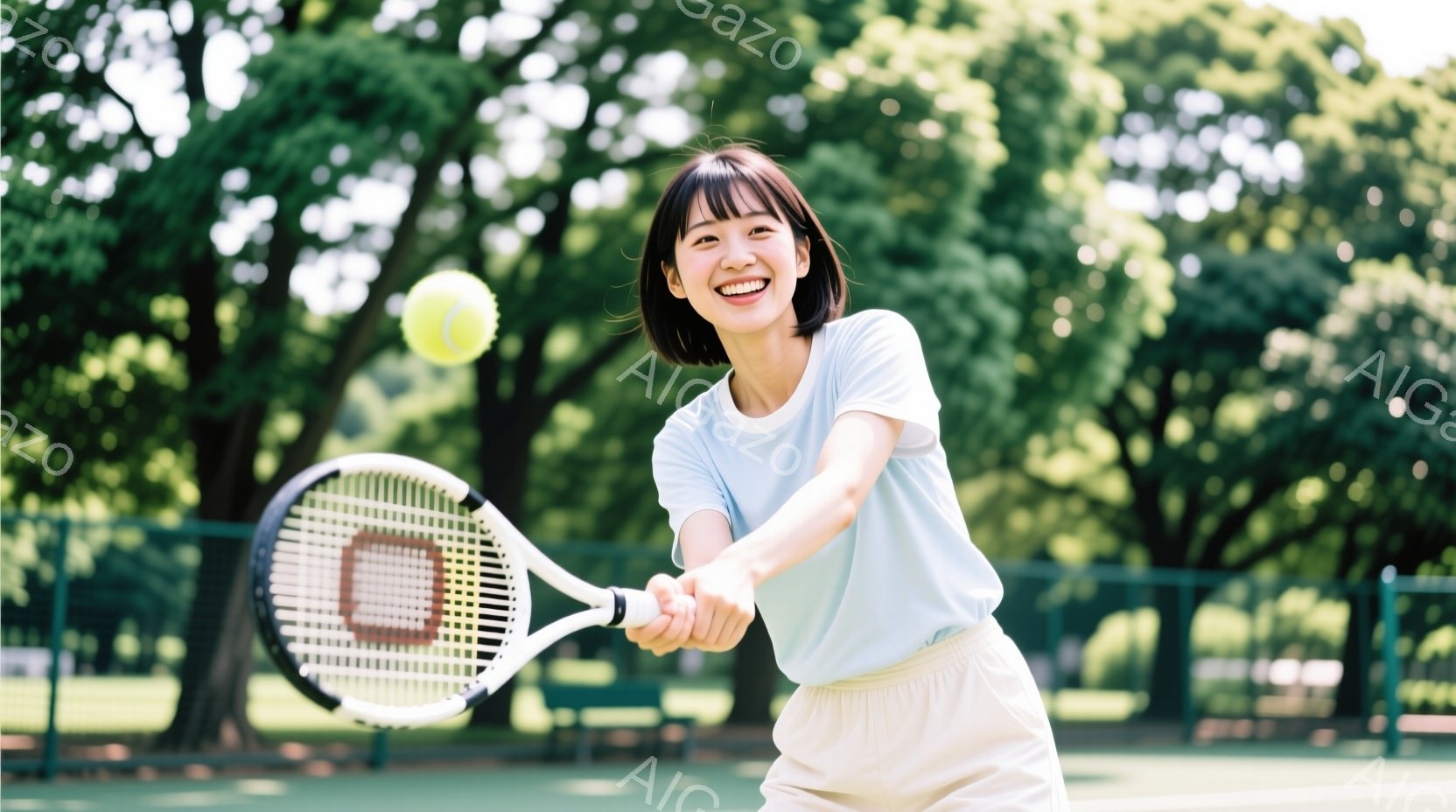 若い女性がテニスをしている写真です。青いTシャツと白いズボンを身につけ、笑顔でテニスラケットを振りかぶっています。背景には緑豊かな木々とテニスコート、そして遠くに見える建物があり、晴れた日の爽やかな雰 - AI生成フリー素材