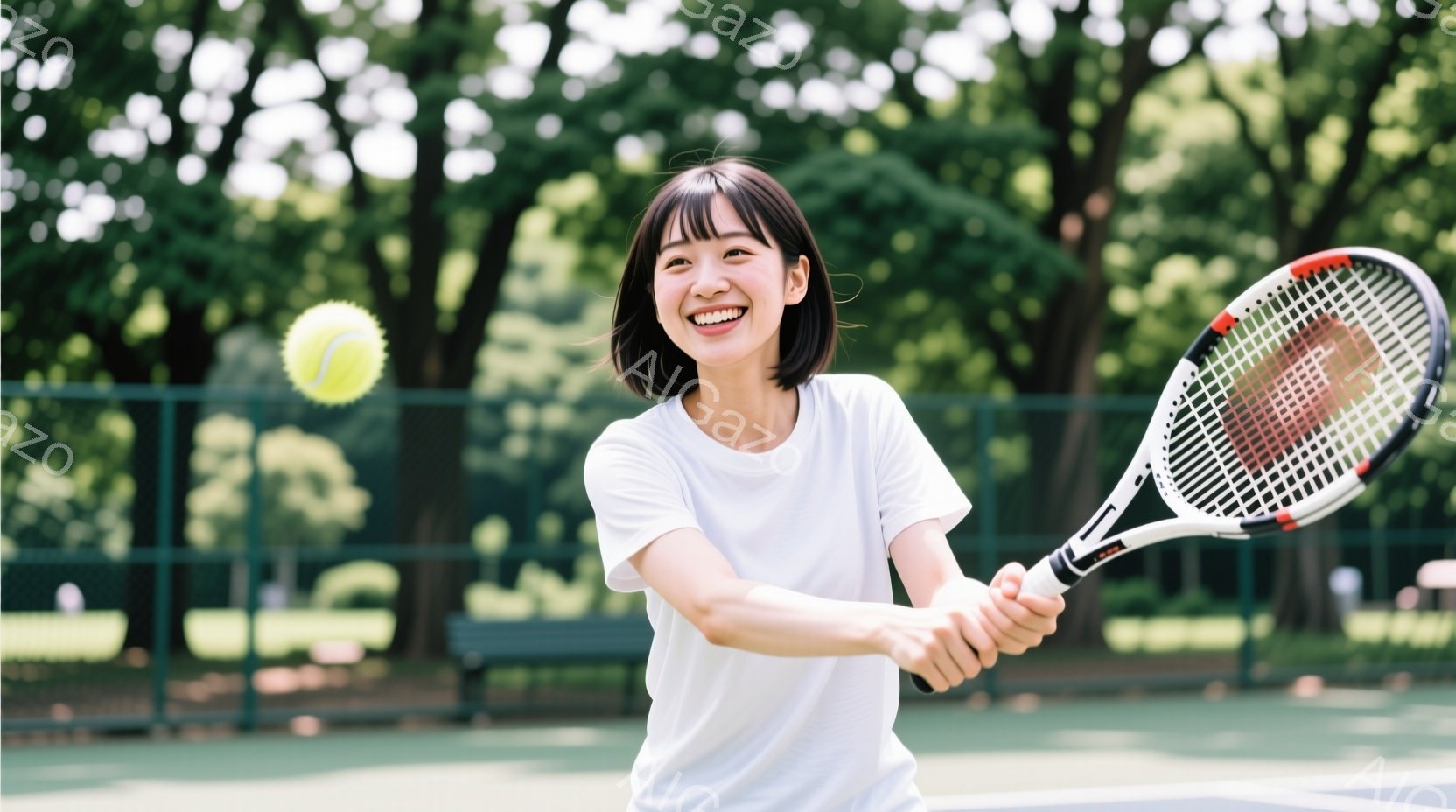 白いTシャツを着た女性がテニスラケットを振りかぶり、テニスボールを打とうとしている瞬間を捉えた写真です。彼女は明るい笑顔を見せており、活気に満ちた表情で、背景には緑豊かなテニスコートとフェンス、そして - AI生成フリー素材