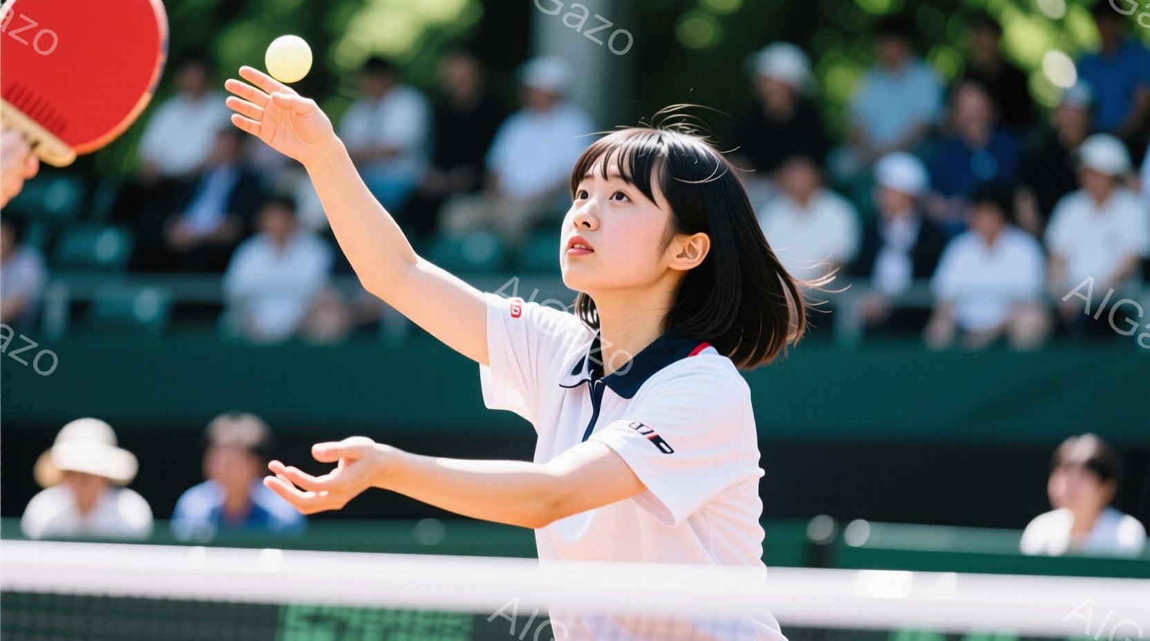白いポロシャツ姿の若い女性が、テニスボールを片手でキャッチしようとしている瞬間を捉えた写真です。彼女は黒い髪を肩のあたりで切り揃え、集中した表情でボールを見つめています。背景には緑豊かな木々や観客席が見え、晴天の下でのテニスの試合が行われている様子が伝わってきます。