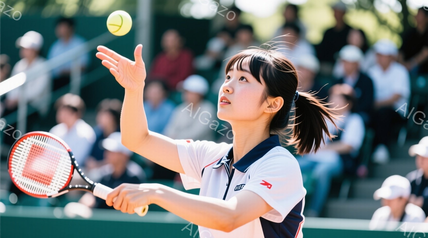 テニスをする若い女性が写っている。彼女は白い襟付きのポロシャツと紺色のスカートを着用し、髪は後ろでポニーテールにまとめられている。彼女はラケットでボールを打ち返す瞬間で、顔は真剣な表情で、集中している - AI生成フリー素材