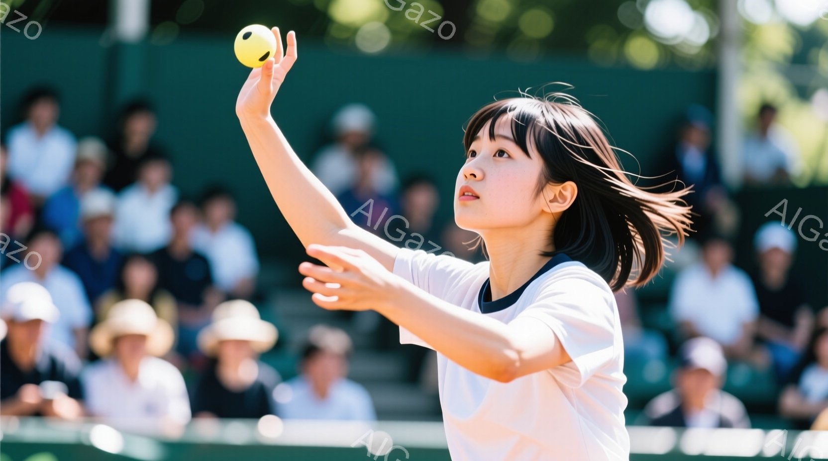 少女はテニスボールを高く投げ上げてサーブしようとしており、右手を高く上げ、左手は体の前に構えています。彼女は黒い髪を活発なショートヘアに切りそろえ、白い襟と黒いトリミングのある白いTシャツを着ています。背景には観客席が見え、ぼやけた緑の木々が天候が晴れで屋外のテニスコートであることを示唆しています。