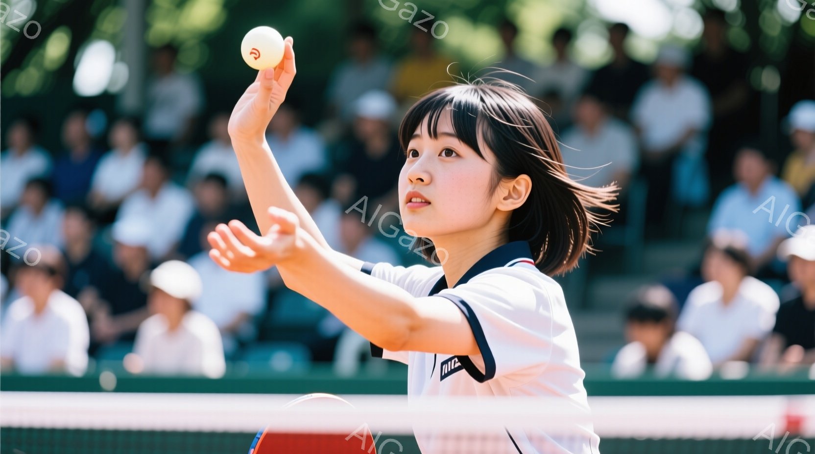 テニスをする若い女性のクローズアップです。彼女は紺色と白のストライプのテニスウェアを着ており、髪はポニーテールに結ばれています。彼女はボールをサーブしようとしており、集中した表情で腕を高く上げています - AI生成フリー素材