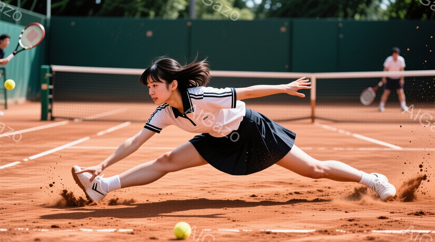 テニスプレーヤーの女性が、土のコートの上でボールを追いかけるようにダイブしている様子が捉えられています。彼女は黒と白のストライプのシャツと黒のスカートを着用し、髪は後ろで結ばれています。背景には緑の木 - AI生成フリー素材