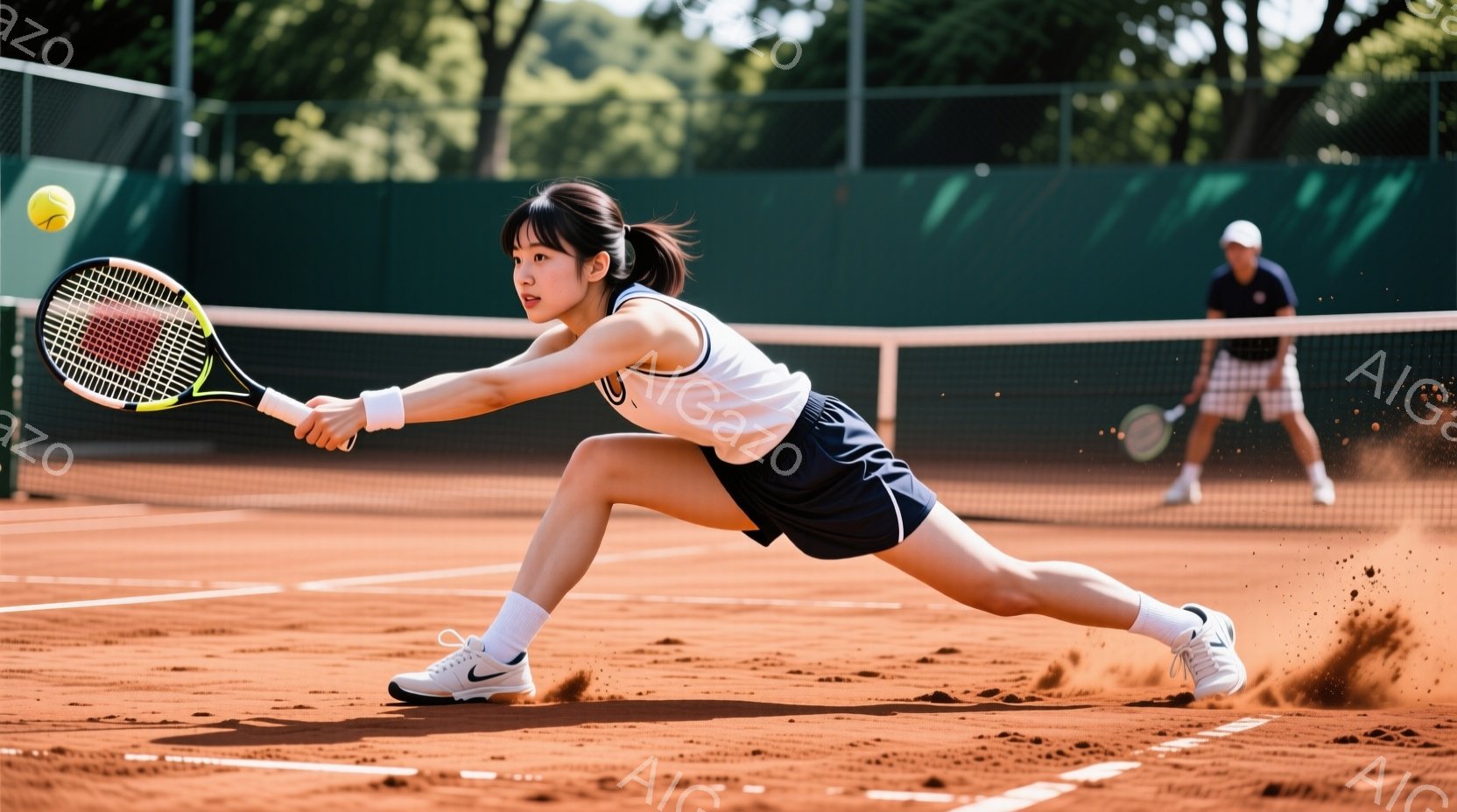 テニスをする若い女性が写っている。白いタンクトップと紺色のショートパンツ、白いソックスとスニーカーを着用し、髪は後ろでポニーテールに結んでいる。彼女はフォアハンドショットを打ち、砂埃を巻き上げながら、低い姿勢で力強くボールを打とうとしている。