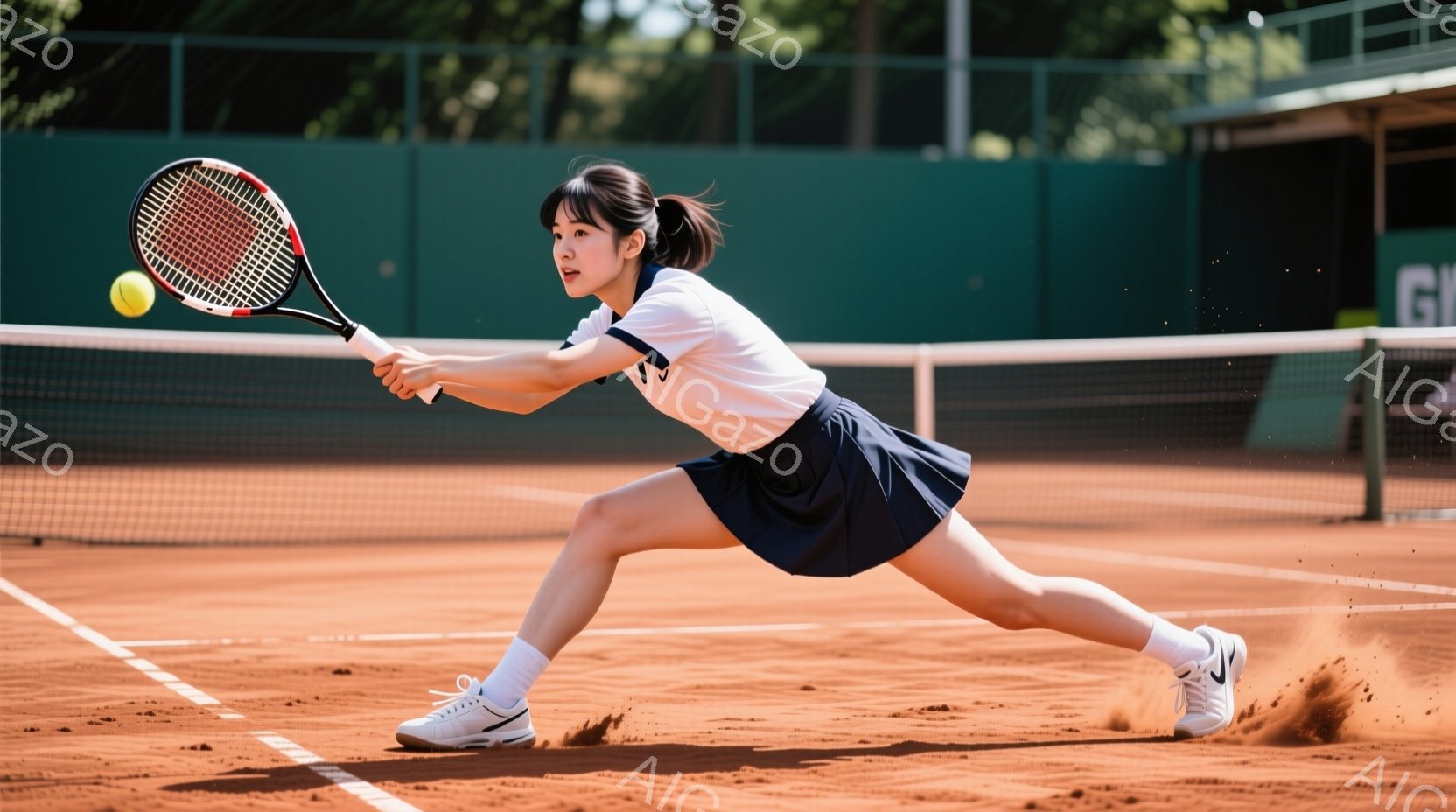 テニスをする若い女性が写っている。彼女は白いポロシャツと紺色のスカート、白いソックスとスニーカーを着用し、髪は後ろでポニーテールに結んでいる。彼女はフォアハンドストロークを打ち、土のコートで滑っている様子が捉えられ、集中した表情をしている。