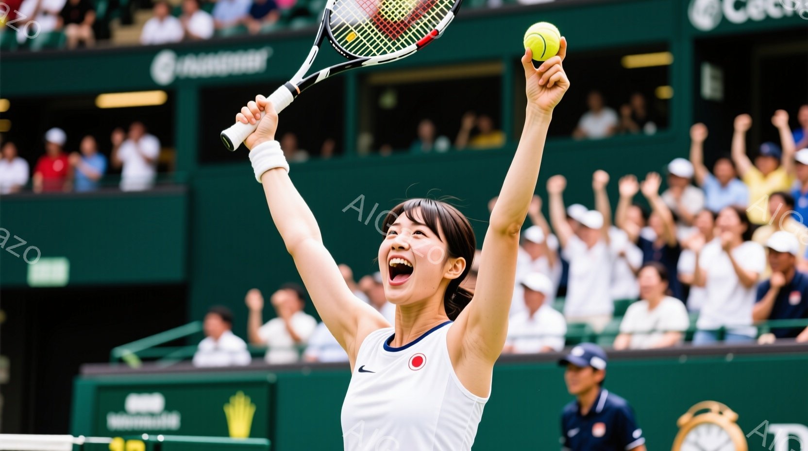 テニスプレイヤーが勝利の喜びを表現し、片手を高く掲げています。白のテニスウェアに日本の旗のロゴが入り、髪は後ろで一つにまとめられています。背景には観客席が広がり、緑の芝生とテニスコートが広がっており、 - AI生成フリー素材