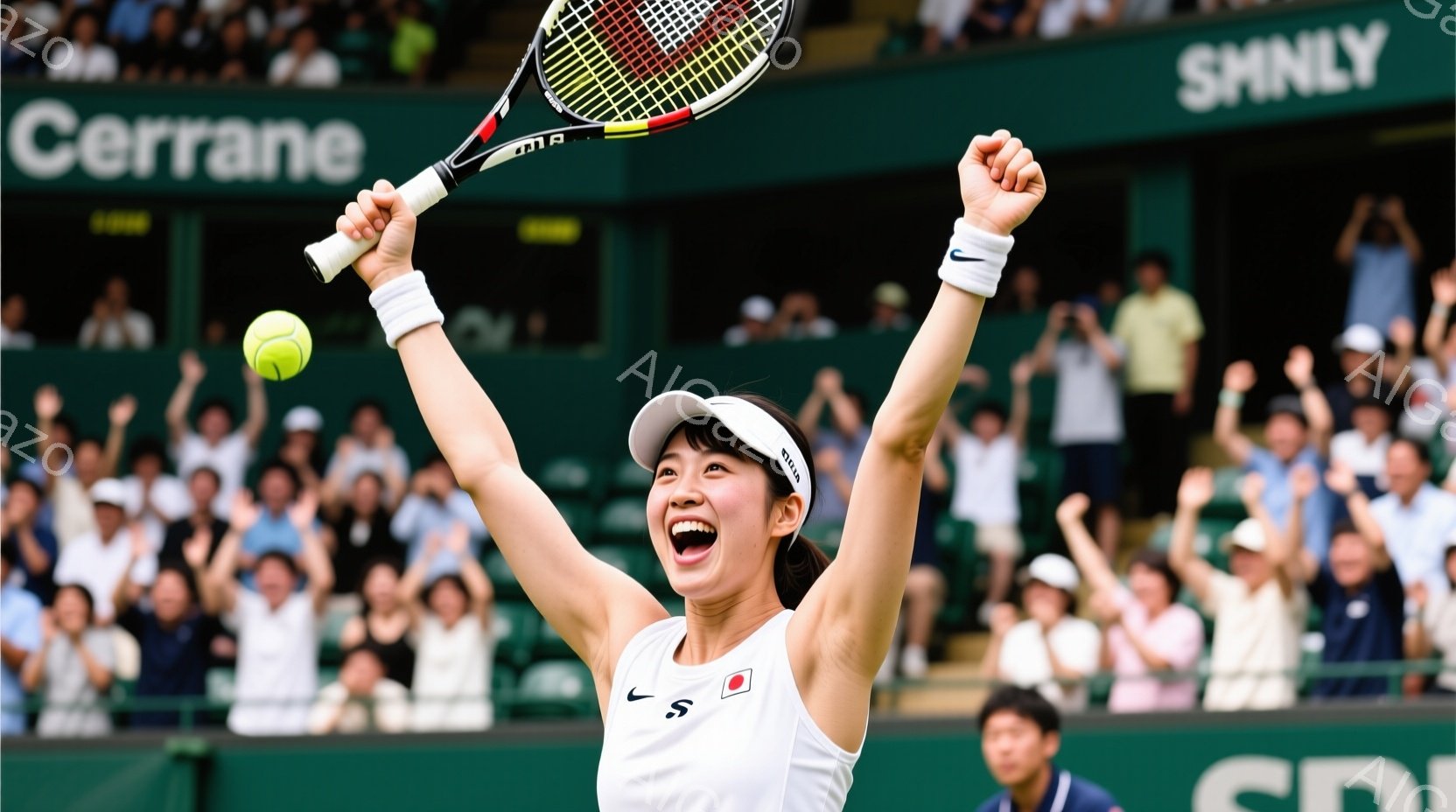 テニスプレイヤーが勝利を喜び、両腕を高々と掲げています。彼女は白いテニスウェアに身を包み、帽子を被り、満面の笑みを浮かべています。背景には観客席が広がり、緑色の芝生コートと広告が表示され、晴天の下、勝 - AI生成フリー素材