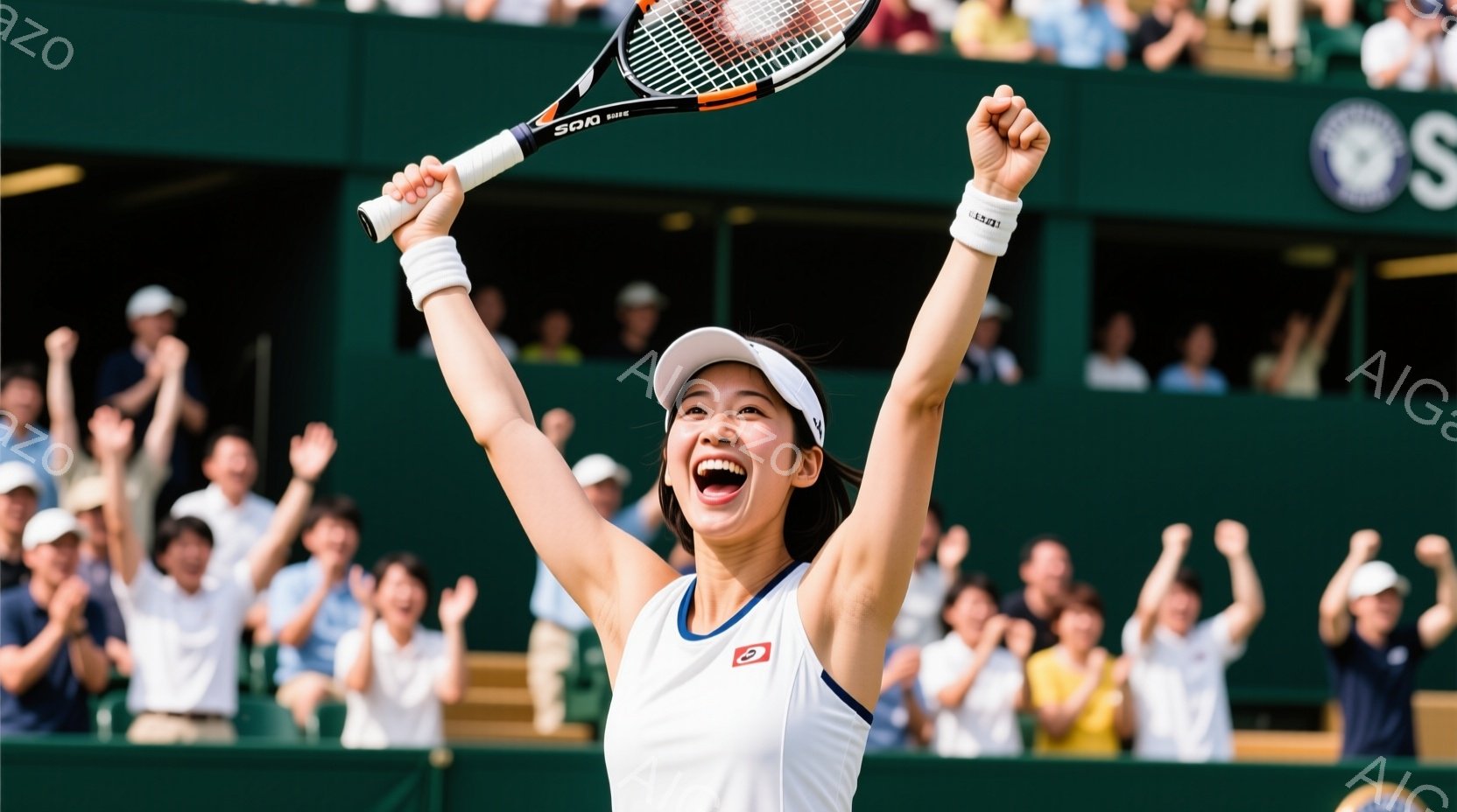テニス選手が勝利を喜び、片手を高く上げ、力強く叫んでいます。彼女は白いポロシャツに青い縁取りがあり、紺色のショートパンツを着用し、髪は後ろでポニーテールにまとめられています。背景には観客席が広がり、多くの人々が彼女を祝福しており、テニスコートの緑と観客の明るい服装が対照的で、勝利の喜びと興奮に満ちた雰囲気が伝わってきます。