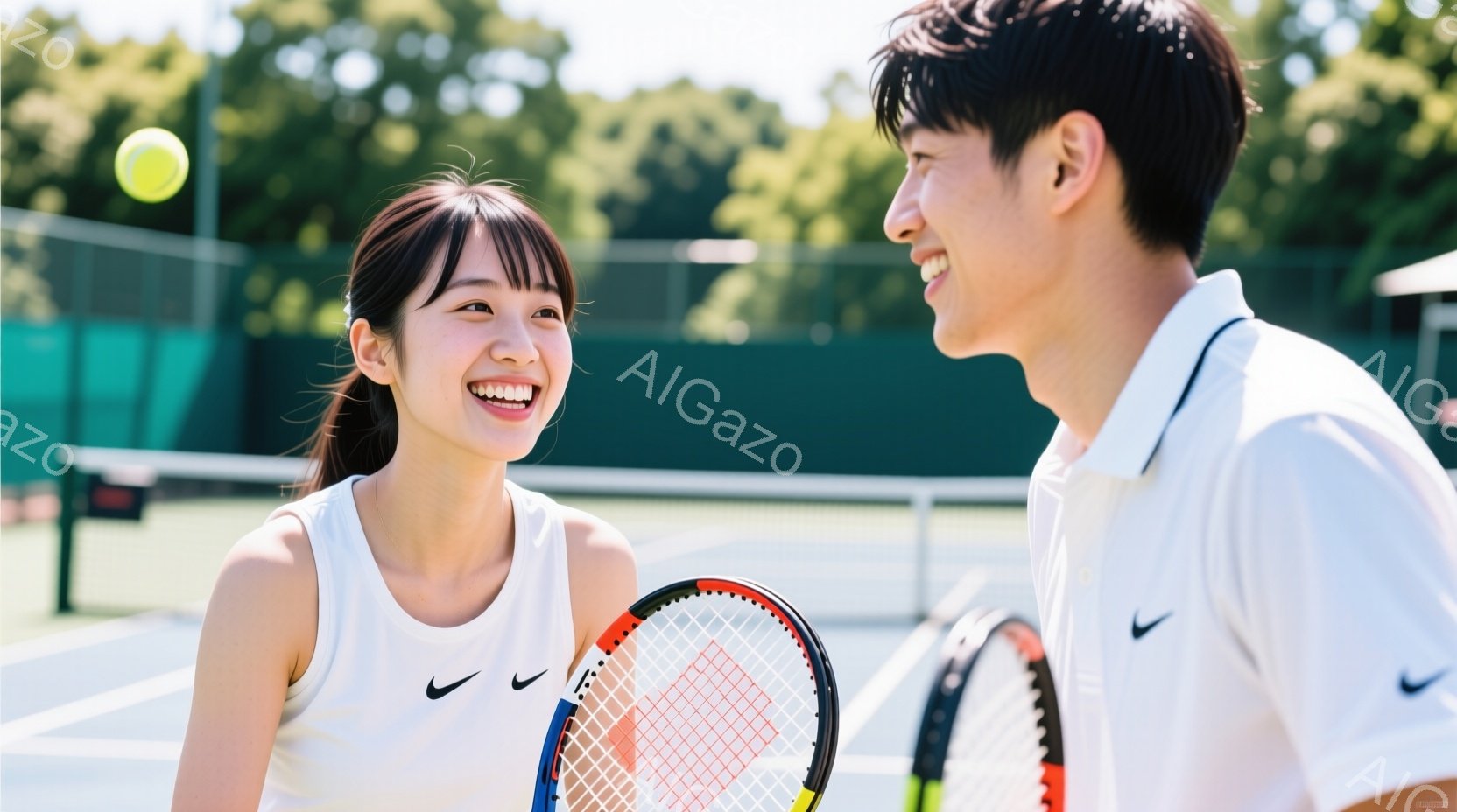 テニスコート上で笑顔を浮かべる若い男女が写っています。女性は白いTシャツに黒いショートパンツ、ポニーテールで、男性は白いポロシャツと紺色のショーツを着用しています。背景には緑のフェンスと木々が見え、晴 - AI生成フリー素材