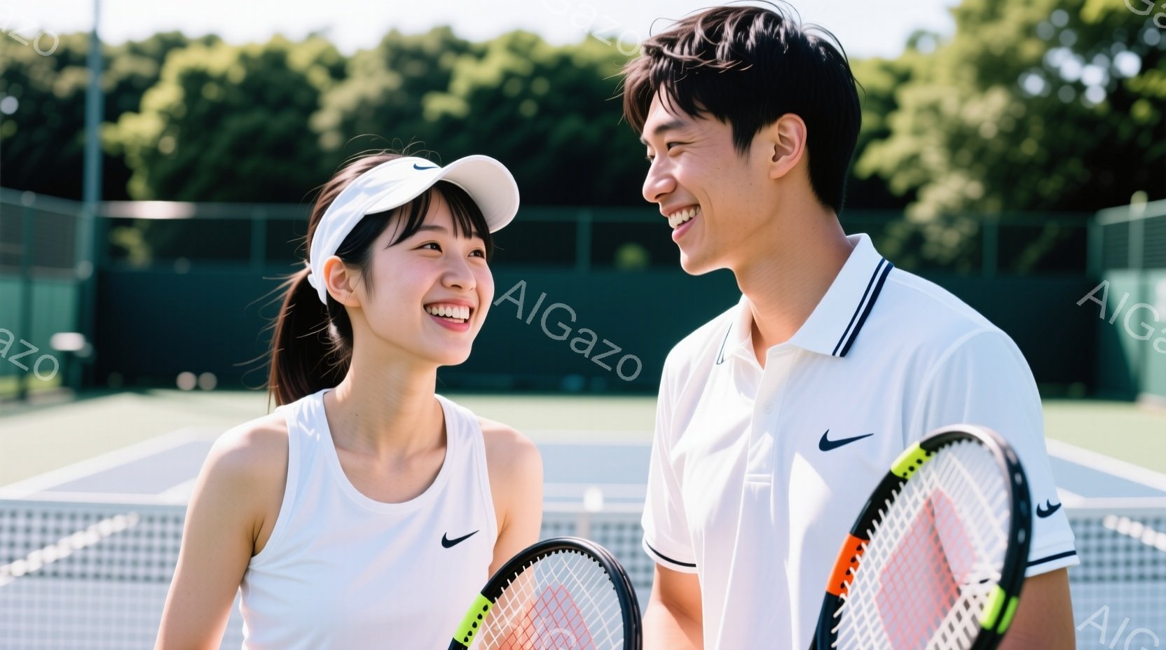 テニスコートで、若い男女が笑顔で向き合っている写真です。女性は白いヘッドバンドとタンクトップ、男性は白いポロシャツを着用し、それぞれテニスラケットを持っています。背景には緑豊かな木々と青空が広がり、明 - AI生成フリー素材