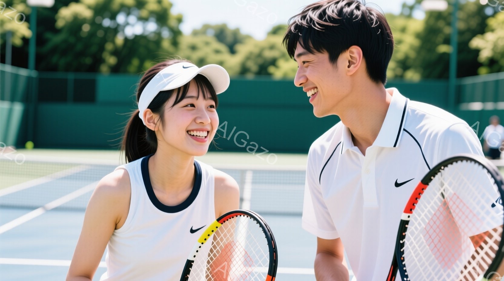 テニスをしている若い男女が写っています。女性は白いヘッドバンドをつけており、黒いトリムのある白いテニスウェアを着ています。男性はポロシャツを着ており、二人はテニスラケットを持って笑顔で向き合い、楽しそ - AI生成フリー素材