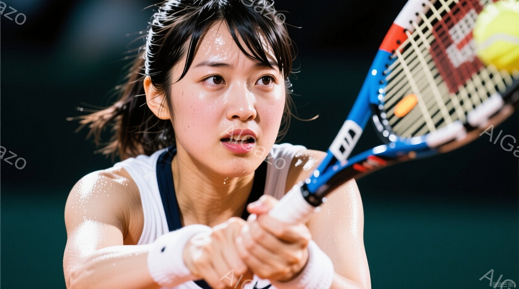画像はテニスをする女性のクローズアップです。彼女は白いタンクトップとリストバンドを着用し、髪はポニーテールにしており、集中した表情でラケットを握っています。背景は暗緑色で、テニスコートの一部が見え、試合中の緊迫感とエネルギーが伝わってきます。