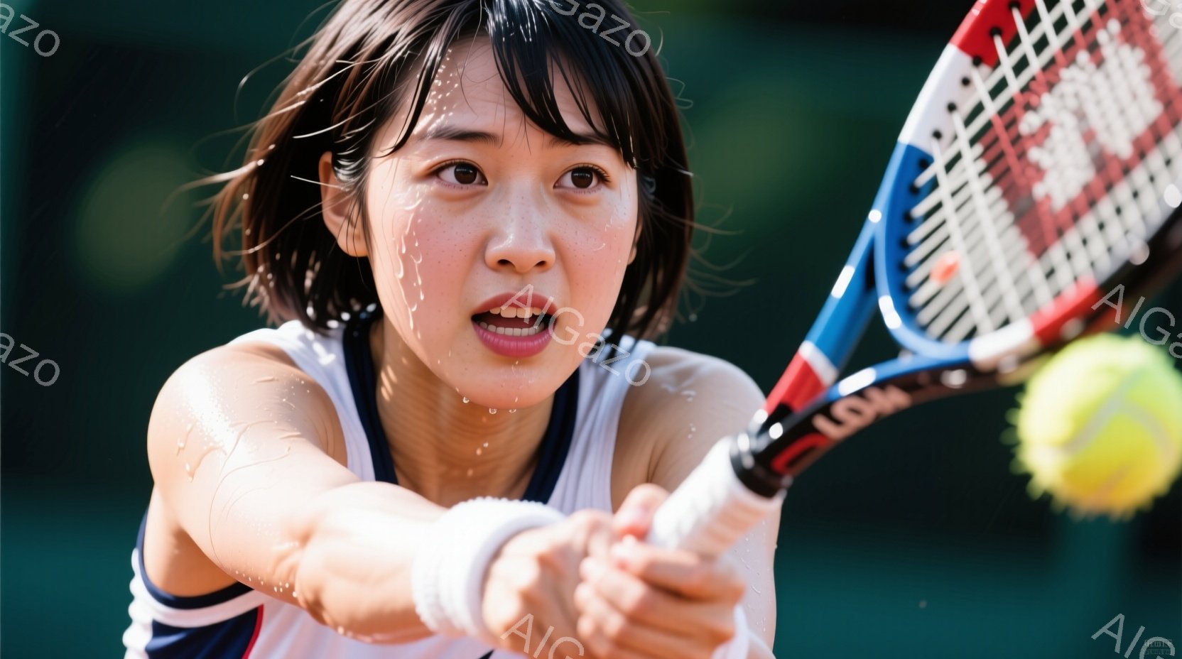 画像はテニスをする女性のクローズアップで、彼女は試合の最中でフォアハンドショットを打とうとしている瞬間を捉えています。短い黒髪で、額には汗が光り、集中した表情でボールを見つめています。背景は緑色のコー - AI生成フリー素材