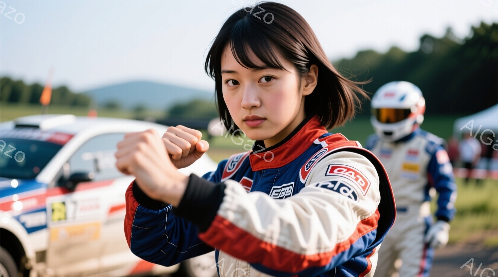 この女性は、白、赤、青のレーシングスーツを着て、拳を突き上げています。黒いショートヘアで、強い意志を持った表情をしています。背景には、ラリーカーとぼやけた緑の丘が見え、晴れた日のレースイベントの雰囲気を感じさせます。