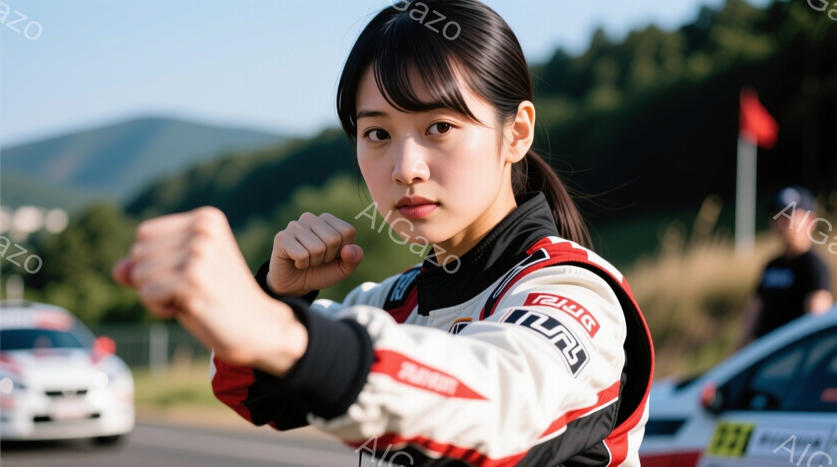 レーシングスーツを着た若い女性が写っています。彼女は片手を突き出し、決意に満ちた表情で正面を見つめており、黒髪は後ろでポニーテールに結ばれています。背景には、レースカーとぼやけた緑の丘陵地帯が広がり、晴天の下、活気のあるモータースポーツの雰囲気が漂っています。