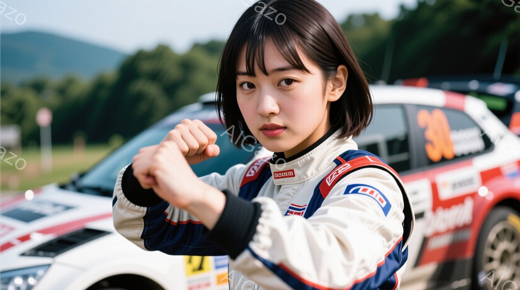 白いレーシングスーツを着た若い女性が、拳を握り、カメラの方を見つめています。彼女はダークブラウンのショートヘアで、少し緊張した表情を浮かべています。背景にはラリーカーと緑の丘が見え、晴れた日の屋外で撮影されたようです。
