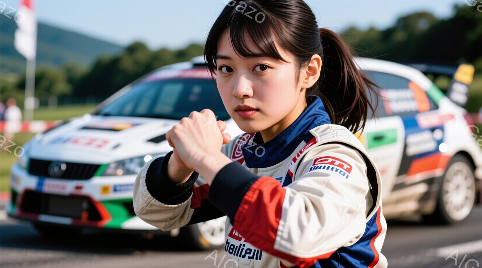 若い女性がレーシングスーツを着て、握りこぶしを前に突き出しています。彼女は黒いロングヘアをポニーテールにし、真剣な表情でカメラを見つめています。背景には、ラリーカーと緑豊かな風景、そして晴天が広がっており、競技の緊張感が伝わってきます。