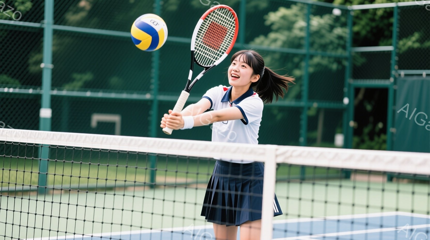 若い女性がテニスをしている写真です。白いポロシャツと紺色のプリーツスカートを着用し、髪を後ろでポニーテールにしています。彼女は笑顔でテニスラケットを振りかぶり、ボールを打とうとしています。 - AI生成フリー素材