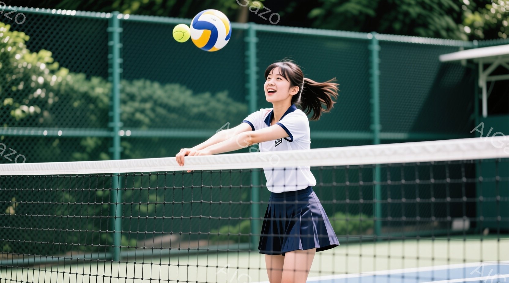 白いポロシャツと紺色のプリーツスカートを着用した若い女性が、テニスネットに向かって手を伸ばしています。彼女は明るい笑顔で、髪をポニーテールに結んでいます。背景には緑豊かな木々やテニスコート、そして晴れた青空が広がっており、爽やかで活動的な雰囲気が漂っています。