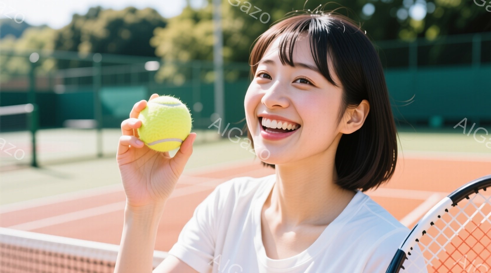 明るい笑顔を浮かべた若い女性が、テニスボールを手に持っています。白いTシャツを着ており、肩までの長さの黒髪は自然に流れています。背景にはオレンジと緑のテニスコートがあり、晴れた日の屋外で撮影された様子 - AI生成フリー素材