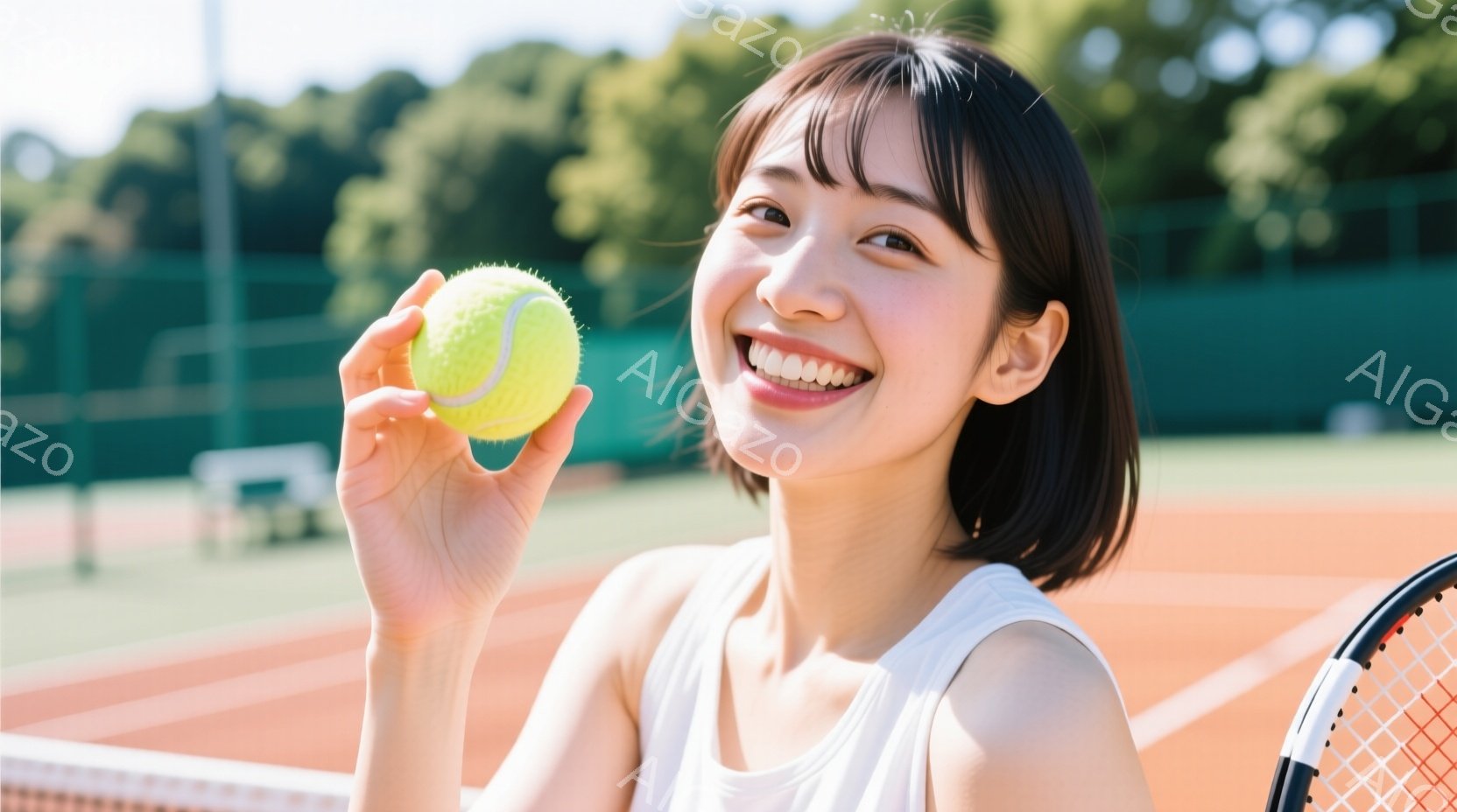 短い黒髪で、白いタンクトップを着た若い女性が、テニスボールを手に笑顔でこちらを見ている。背景はオレンジ色のテニスコートで、緑の木々が遠くに見える晴れた日の写真だ。全体的に明るく、健康的で、活気のある雰 - AI生成フリー素材