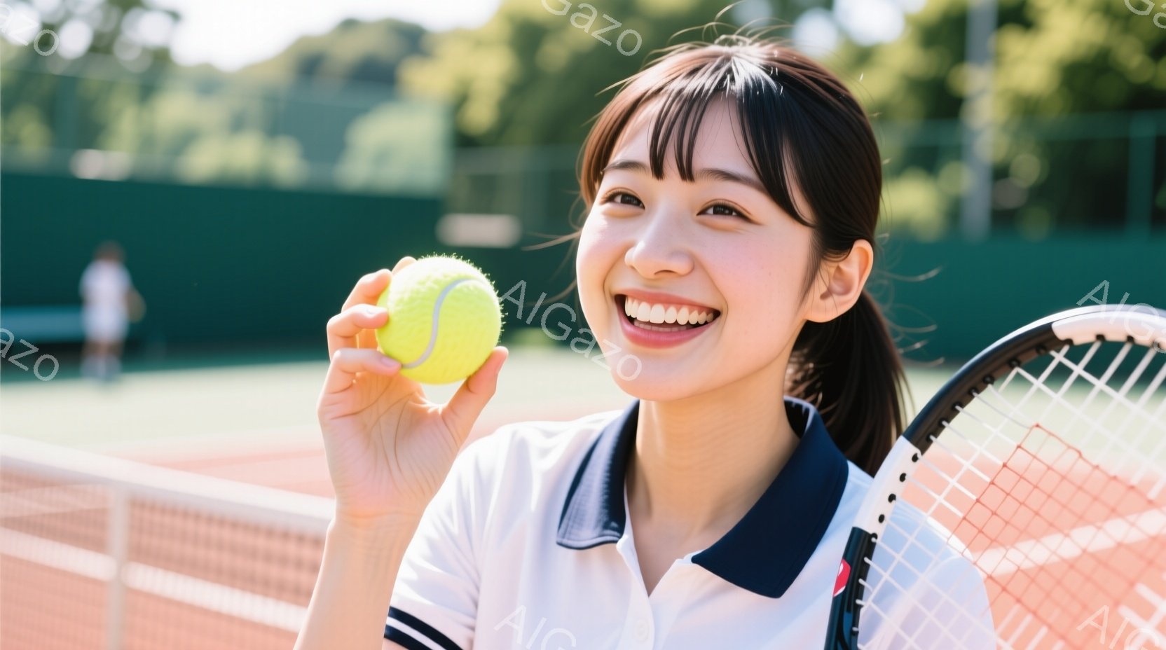 テニスをする若い女性が、笑顔でテニスボールを手に持っています。彼女は白のポロシャツに黒の襟、そしてポニーテールで髪をまとめています。背景にはテニスコートが広がり、遠くには緑豊かな自然が見え、晴れた日の - AI生成フリー素材