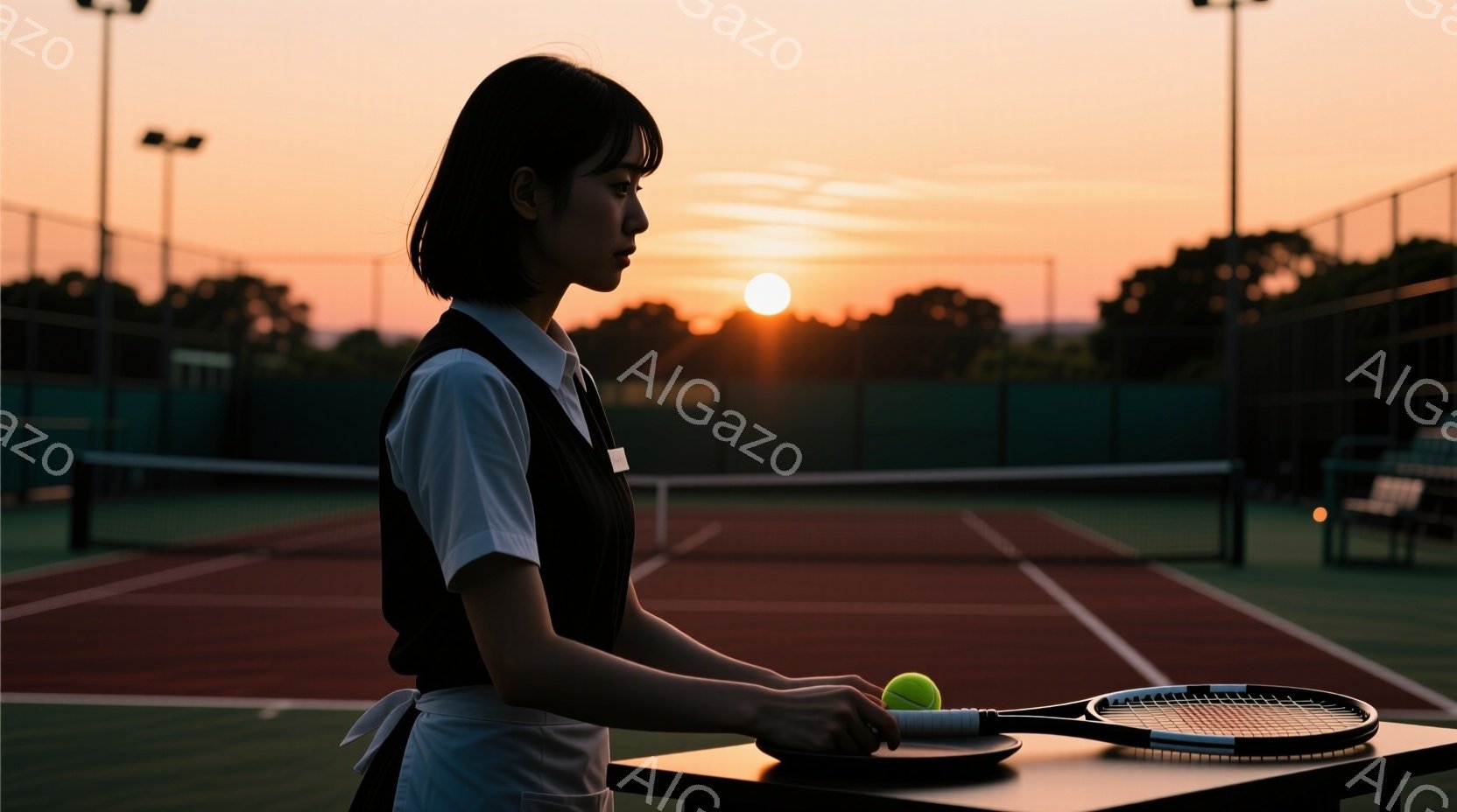 テニスコートの端に立つ女性が描かれています。彼女は白いシャツにエプロン、そして黒い髪を肩まで伸ばしたヘアスタイルで、テニスラケットとボールを手に持っています。背景には、夕焼けに染まったテニスコートと、遠くに見える緑豊かな自然が広がり、静かで穏やかな雰囲気を醸し出しています。