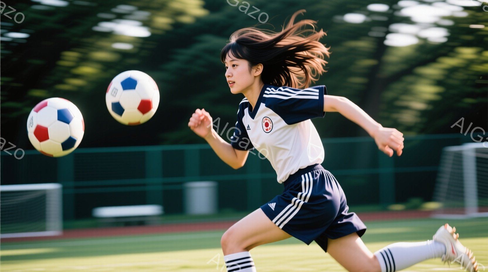 短い黒髪を後ろでポニーテールにした女性が、緑のサッカー場を疾走している。白地にネイビーのストライプが入ったサッカーユニフォームと、紺色のショートパンツ、白いソックスとスパイクを着用し、顔は真剣な表情で、ボールを追いかけている。背景にはサッカーゴールが見え、木々が生い茂る緑豊かな風景が広がっており、晴天の下、活気あるスポーツの瞬間を捉えている。