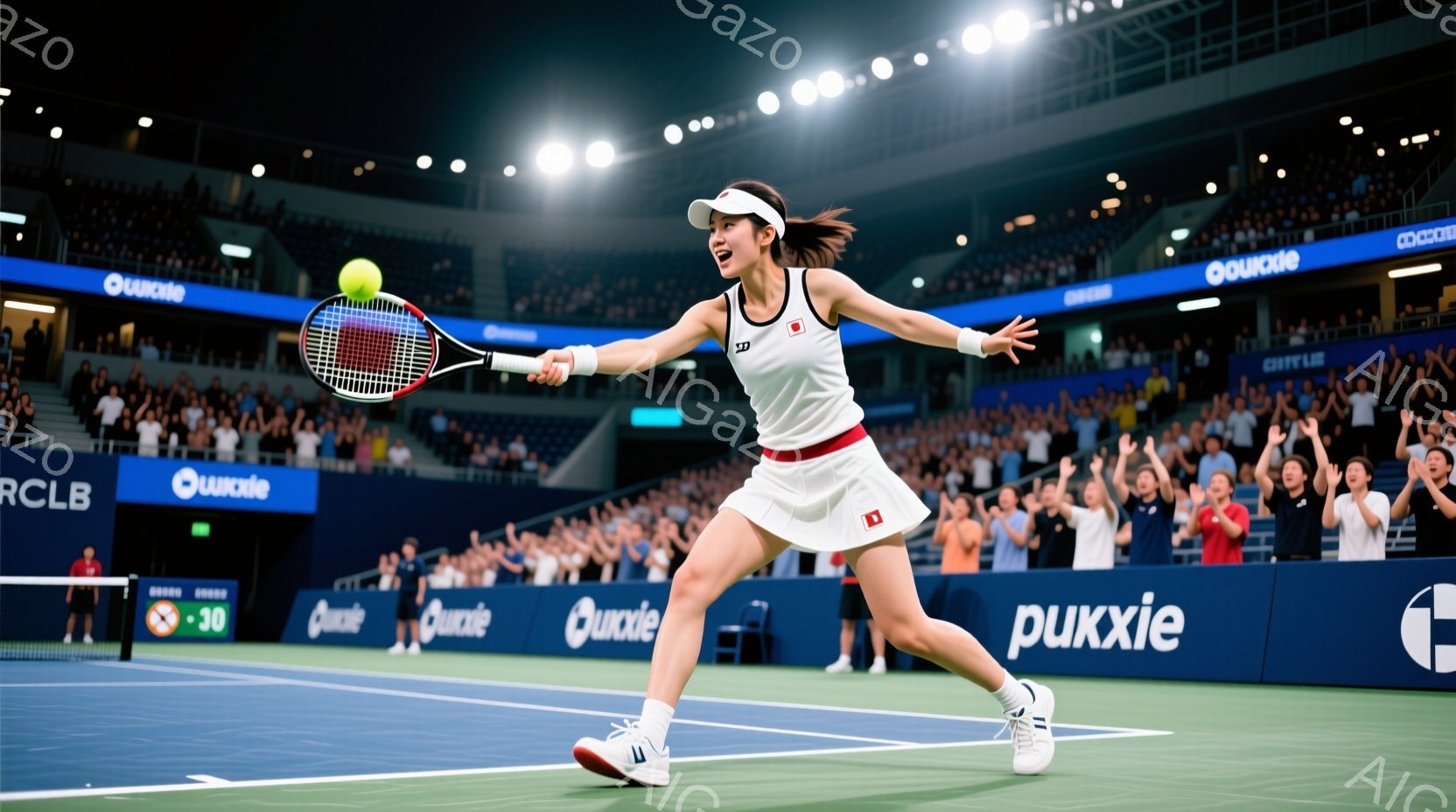 テニス選手がフォアハンドショットを打ち、勢いよくボールを打とうとしている瞬間を捉えた写真です。白いヘッドバンドと、赤と白のストライプが入ったテニスウェアを身につけ、髪は後ろでポニーテールにまとめられています。背景には観客席とテニスコートの青いラインが見え、試合の興奮が伝わってきます。