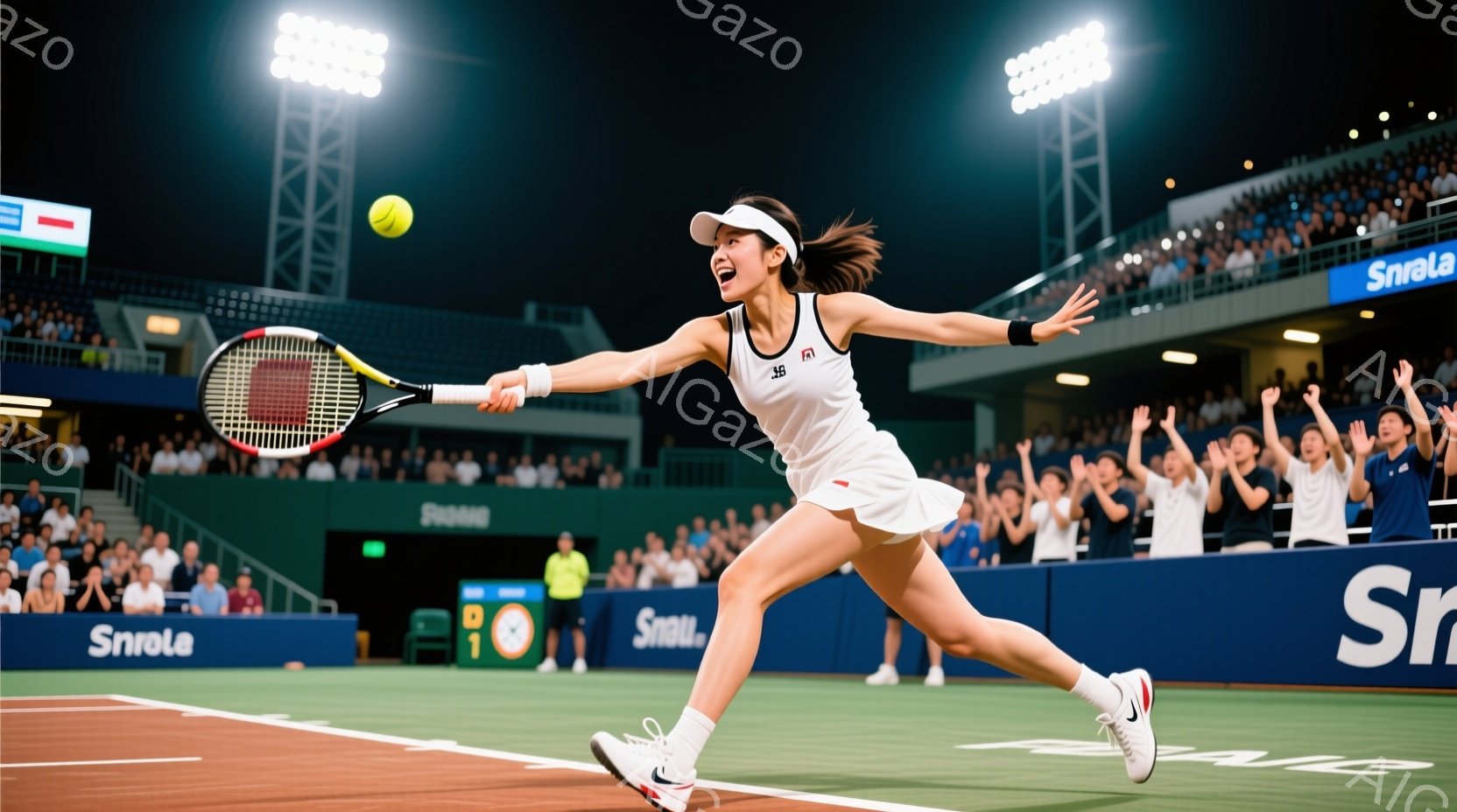 テニスプレイヤーがフォアハンドショットを打つ瞬間を捉えた写真です。白いテニスウェアに黒の装飾が施され、髪はポニーテールに結ばれています。背景には観客席と夜のスタジアムが見え、活気あふれる競技の雰囲気が - AI生成フリー素材
