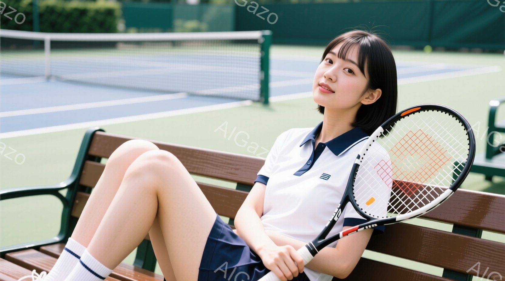 少女はテニスコートのベンチに座り、膝を曲げてリラックスした姿勢をとっています。白いポロシャツに紺色のスカート、白いソックスを履き、黒髪を肩まで伸ばしたヘアスタイルで、穏やかな微笑みを浮かべています。背 - AI生成フリー素材