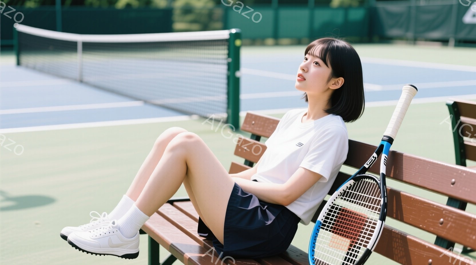 短い黒髪で、前髪を少し横に流した女性が、テニスコートのベンチに座っています。白いTシャツに紺色の短いスカート、白いスニーカーを履き、リラックスした表情で遠くを見つめています。背景には緑色のテニスコート - AI生成フリー素材