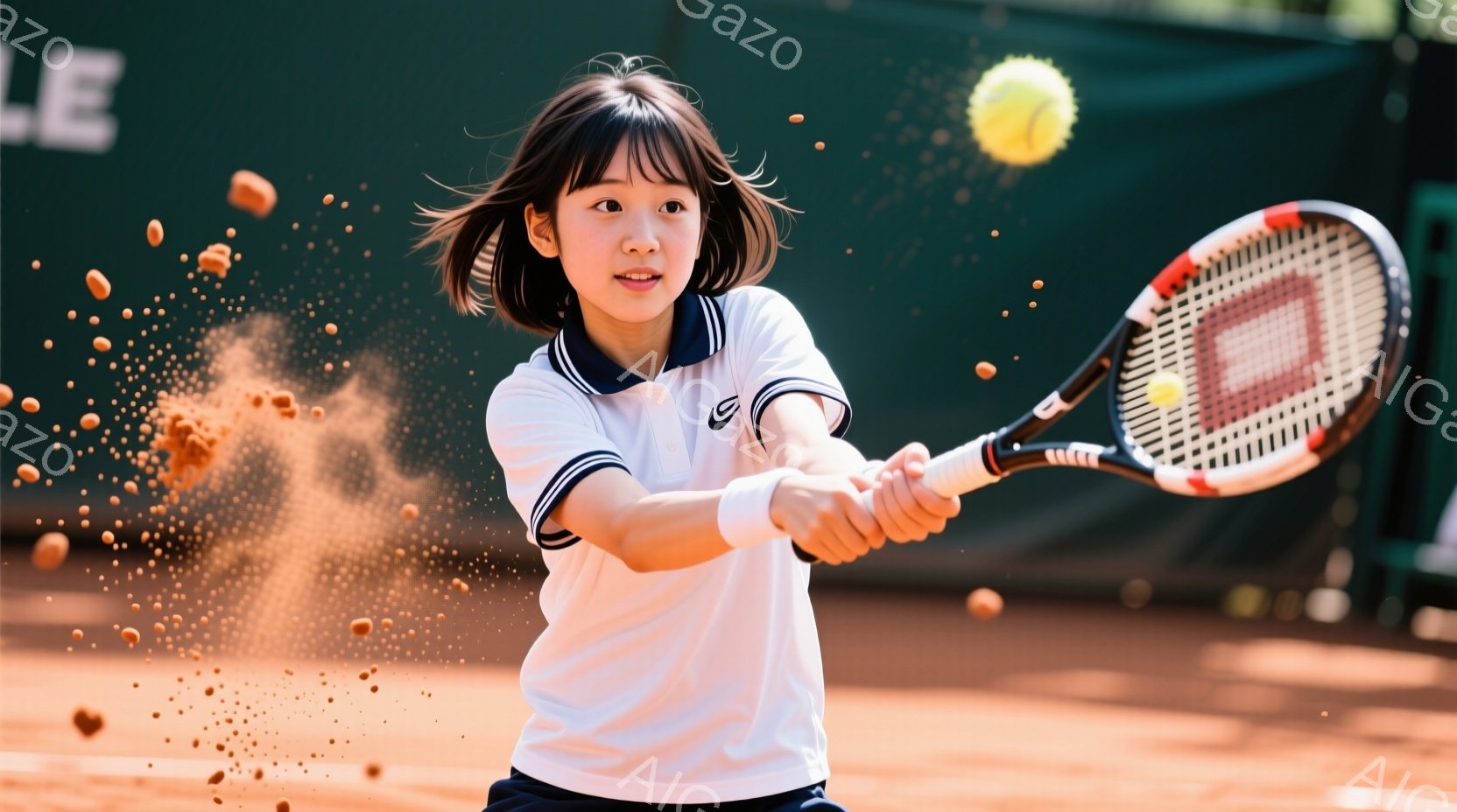 茶色のコートでテニスをする少女が写っています。白と紺のストライプのポロシャツを着て、髪は肩まで届く長さで、少しカールしています。彼女はフォアハンドストロークを打ち、ボールが空中で捉えられており、その姿 - AI生成フリー素材