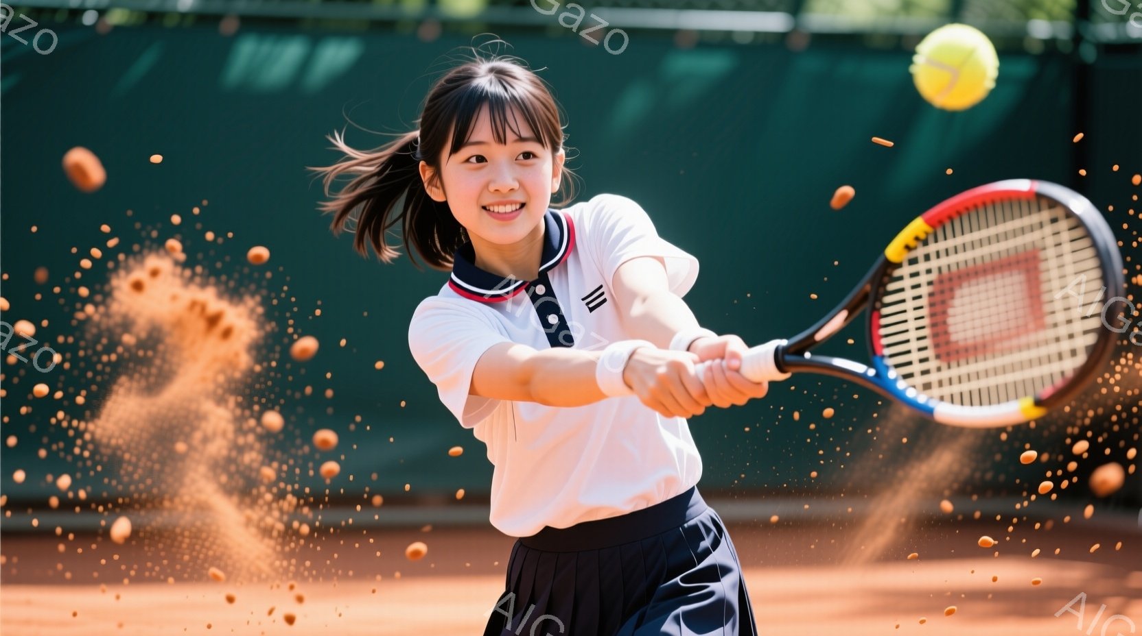 少女はテニスコートでフォアハンドのショットを打っています。白いポロシャツに黒いスカートを着用し、髪はポニーテールに結ばれています。背景には緑のネットとオレンジ色の土のコートが見え、活気あるスポーツの雰 - AI生成フリー素材