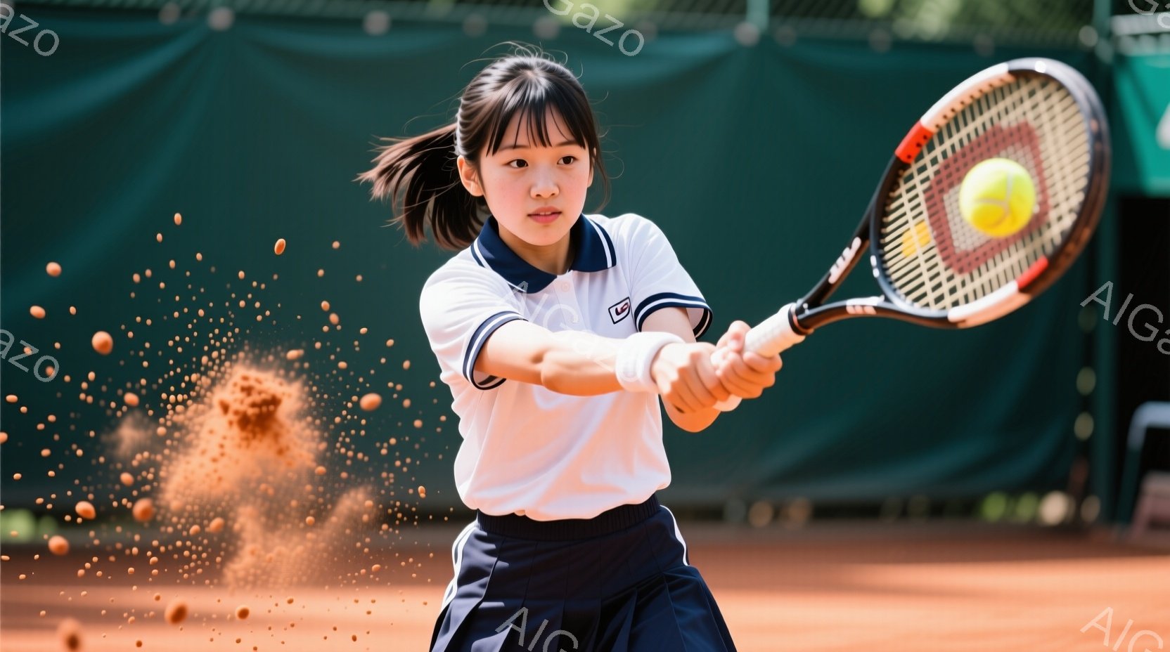 テニスをする若い女性が写っている。白い襟と袖のテニスウェアに紺色のスカートを着用し、髪はポニーテールにしている。彼女はフォアハンドストロークを打ち、ボールがラケットに当たる瞬間で、土が舞い上がっている - AI生成フリー素材