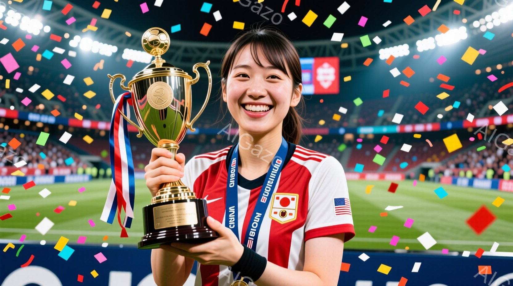 赤いシャツに青いストライプが入った女性が映っており、彼女は勝利のトロフィーを高く掲げています。彼女は笑顔で、髪は後ろでまとめられています。背景には、観客席とグラウンド、そしてカラフルな紙吹雪が舞っており、勝利の喜びと興奮に満ちた雰囲気が伝わってきます。