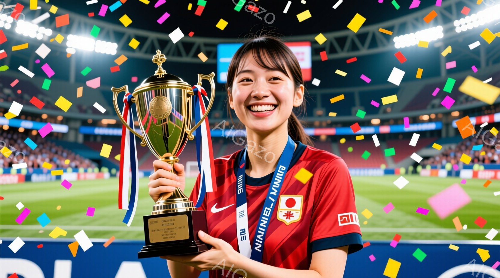 女性は赤いサッカーユニフォームと黒いショーツを着用し、首には金色のメダルをかけています。彼女は満面の笑みを浮かべ、片手で金色のトロフィーを高く掲げています。背景には緑の芝生とぼやけた観客席、そしてカラ - AI生成フリー素材
