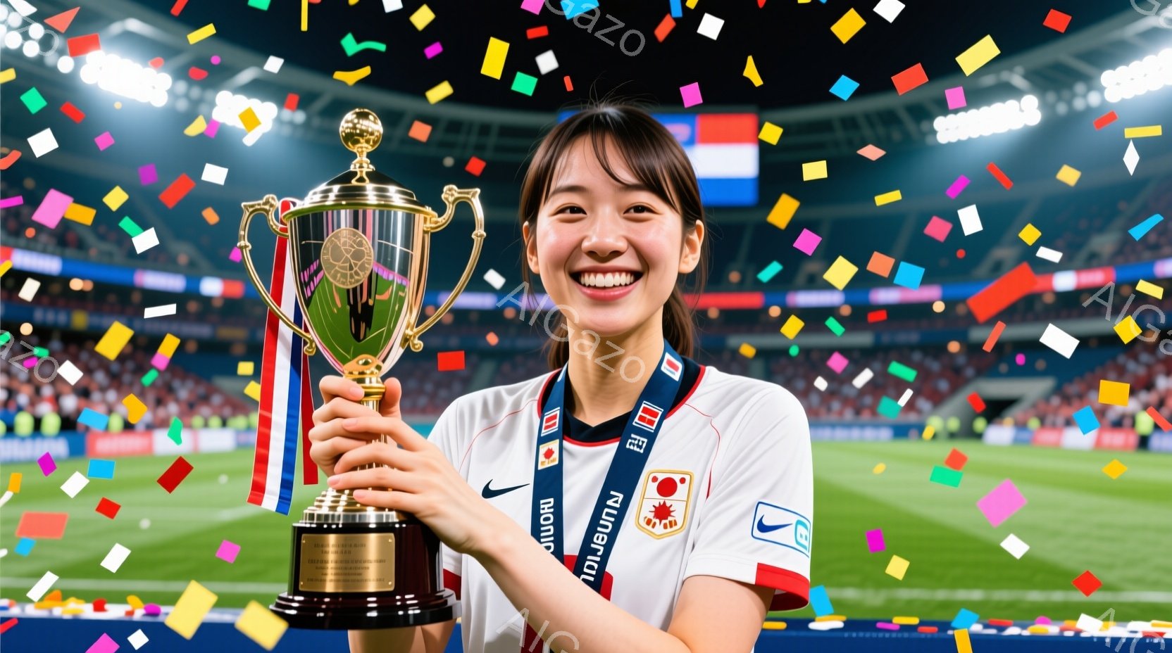 笑顔の女性が、優勝トロフィーを高く掲げています。白を基調としたサッカーユニフォームを着ており、首にはメダルが掛かっています。背景には緑の芝生と観客席が見え、紙吹雪が舞い上がり、勝利の喜びと興奮に満ちた雰囲気です。