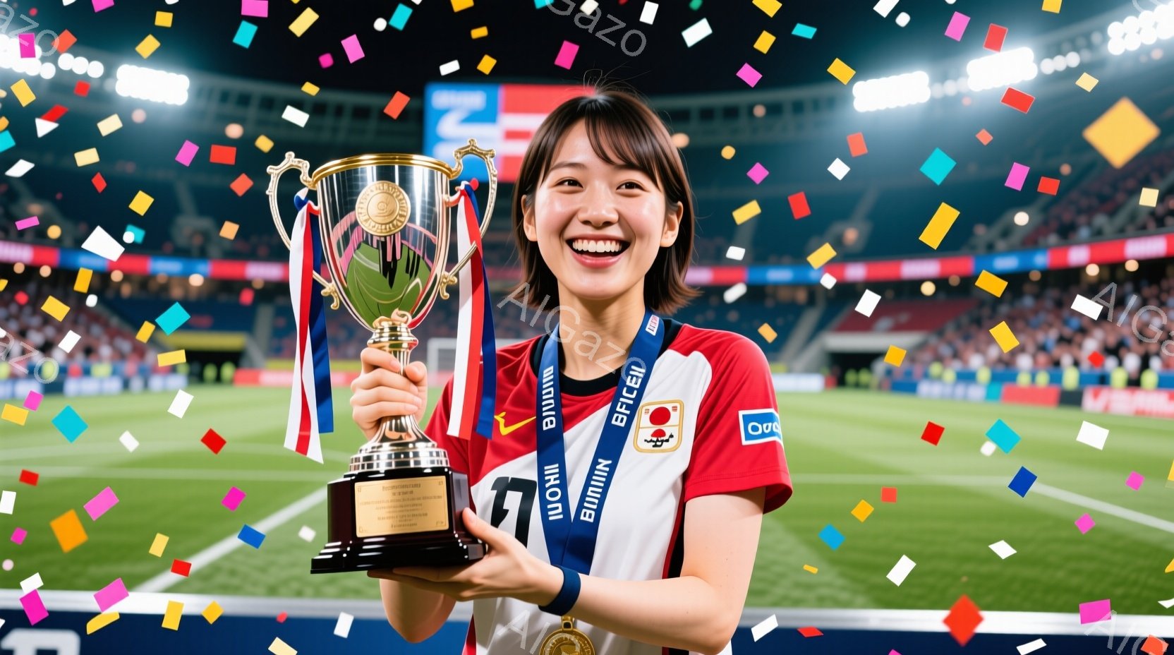 勝利のトロフィーを掲げる女性が写っています。彼女は赤い日本代表のユニフォームを着ており、髪は後ろで結ばれています。満面の笑みを浮かべ、勝利の喜びを表現しており、背景には観客席と照明がぼやけて見え、華や - AI生成フリー素材